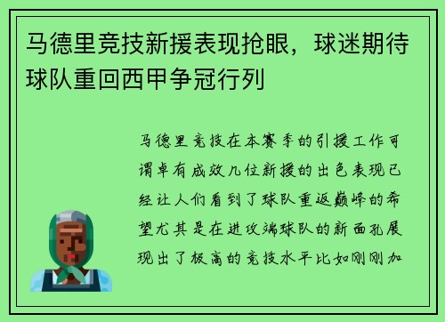 马德里竞技新援表现抢眼，球迷期待球队重回西甲争冠行列