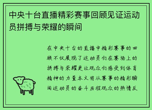 中央十台直播精彩赛事回顾见证运动员拼搏与荣耀的瞬间