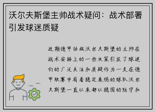 沃尔夫斯堡主帅战术疑问：战术部署引发球迷质疑